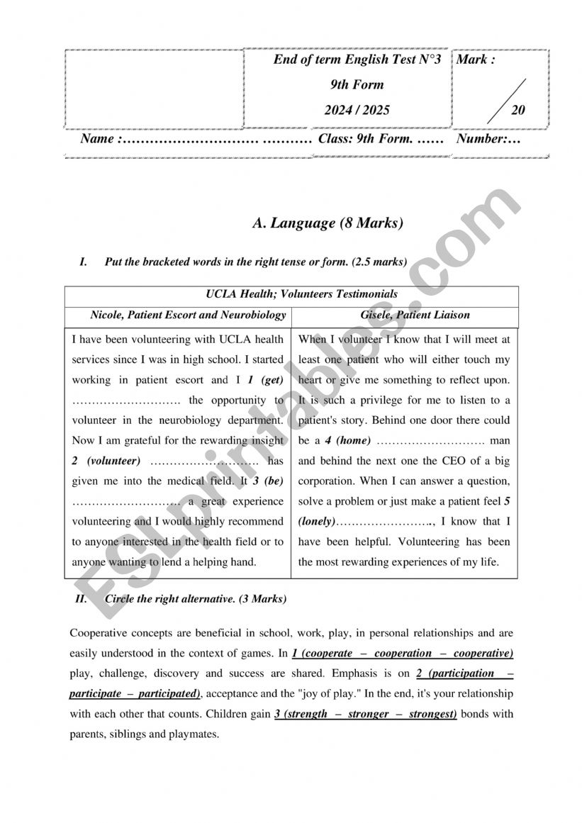 Test 3 9th form worksheet