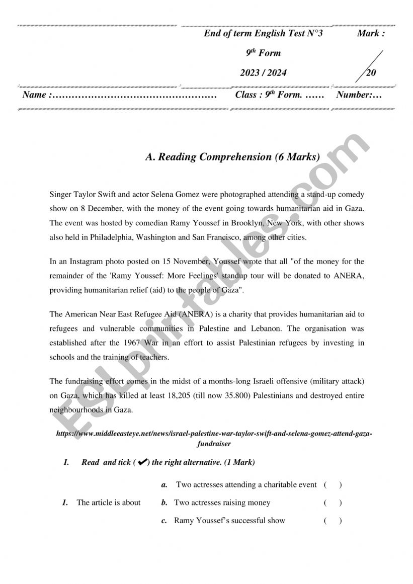Test 9th Form 3rd Term worksheet