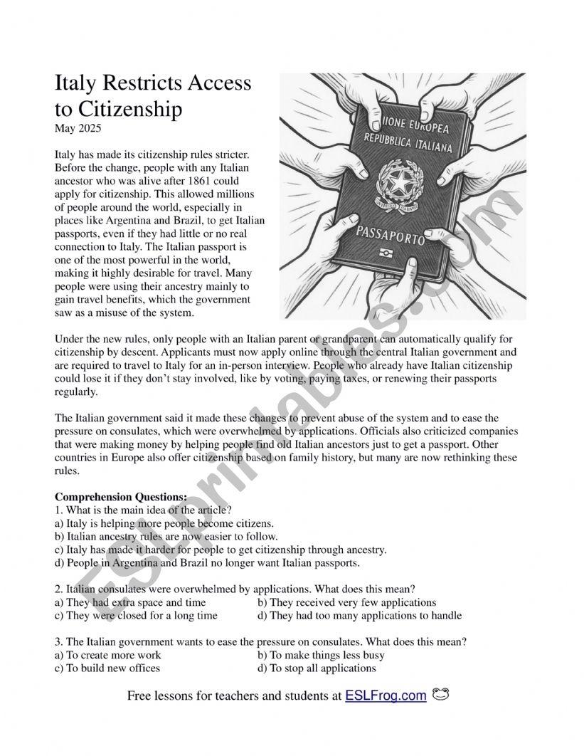 Italy Restricts Access to Citizenship (reading lesson)