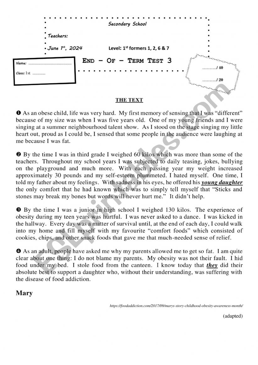 First form End of term test 3 worksheet