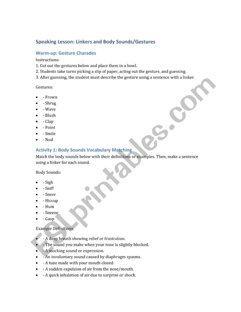 Body sounds worksheet