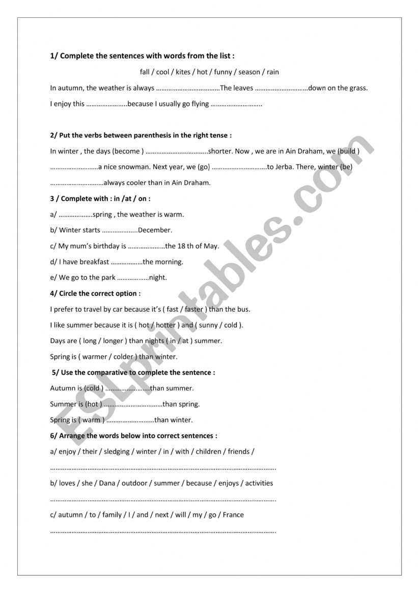 seasons worksheet