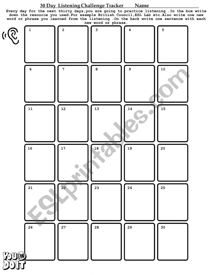 Thirty Day Listening Challenge Tracker with blanks to write sentences with new words