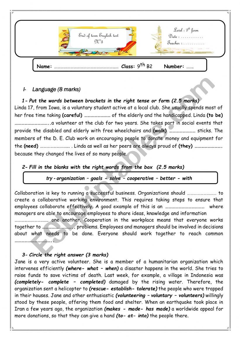 End of term 3 9th form worksheet