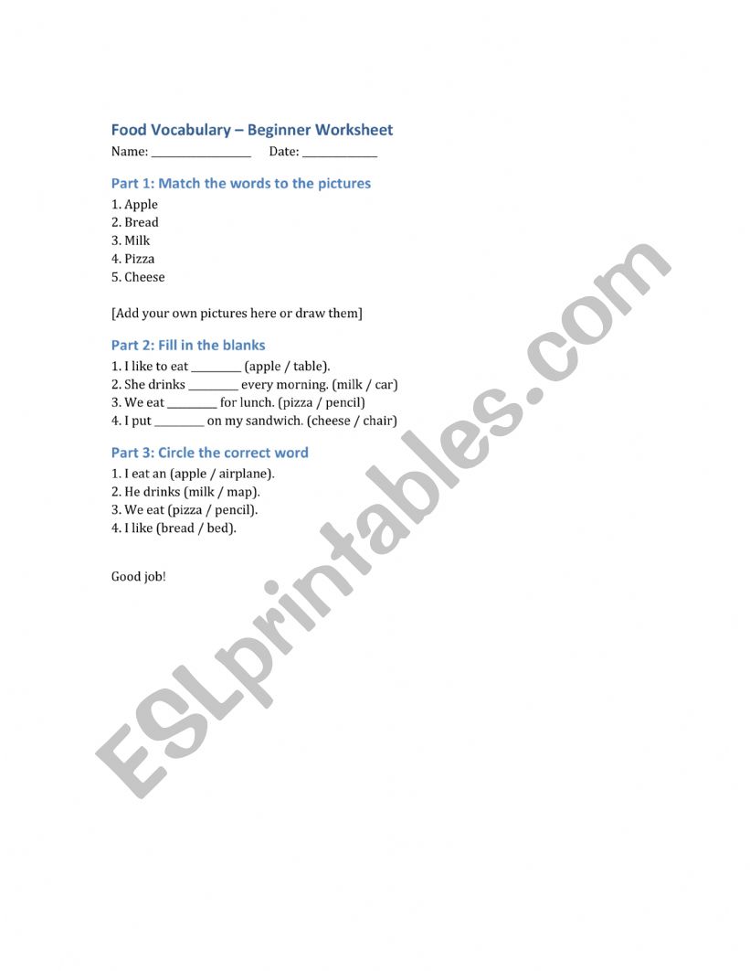 Food Vocabulary beginner test worksheet