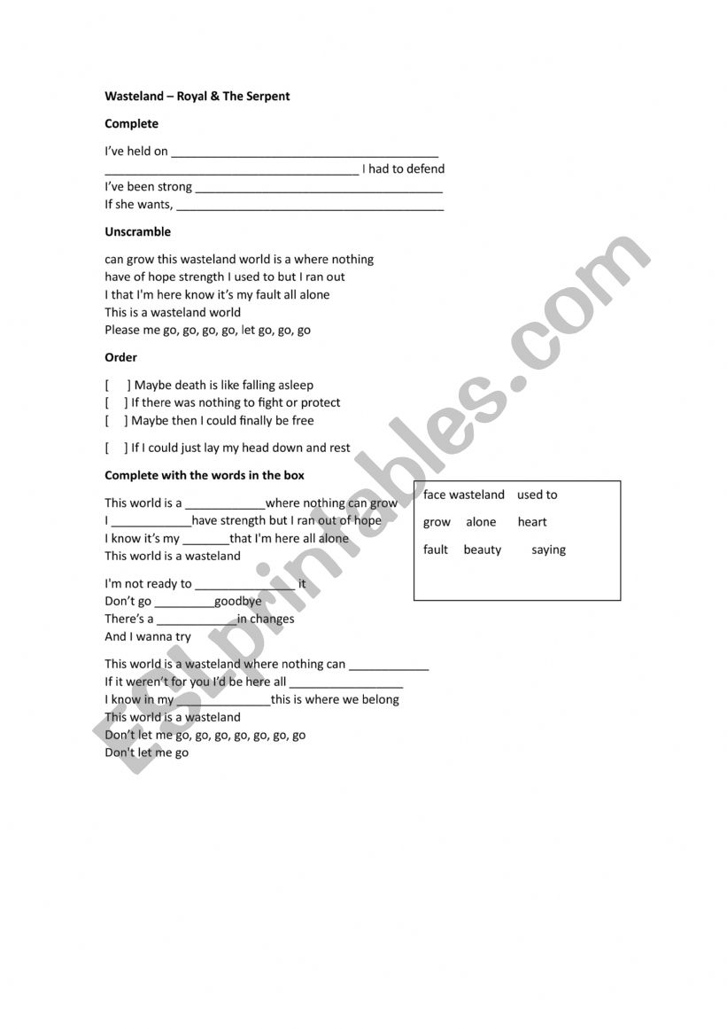 Wasteland Royal & the serpent worksheet