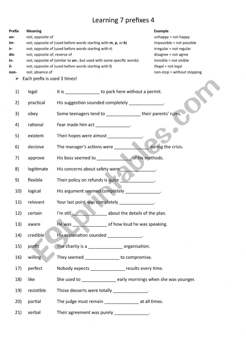 A2+-B1+ Learning 7 prefixes 4 worksheet