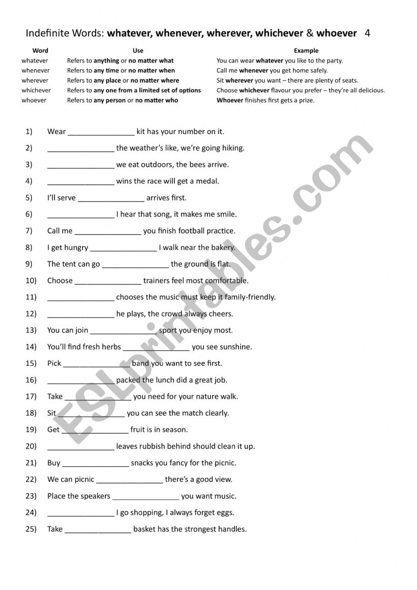 Indefinite Words: whatever, whenever, wherever, whichever, whoever 4 Indefinite Words: whatever, whenever, wherever, whichever, whoever 4