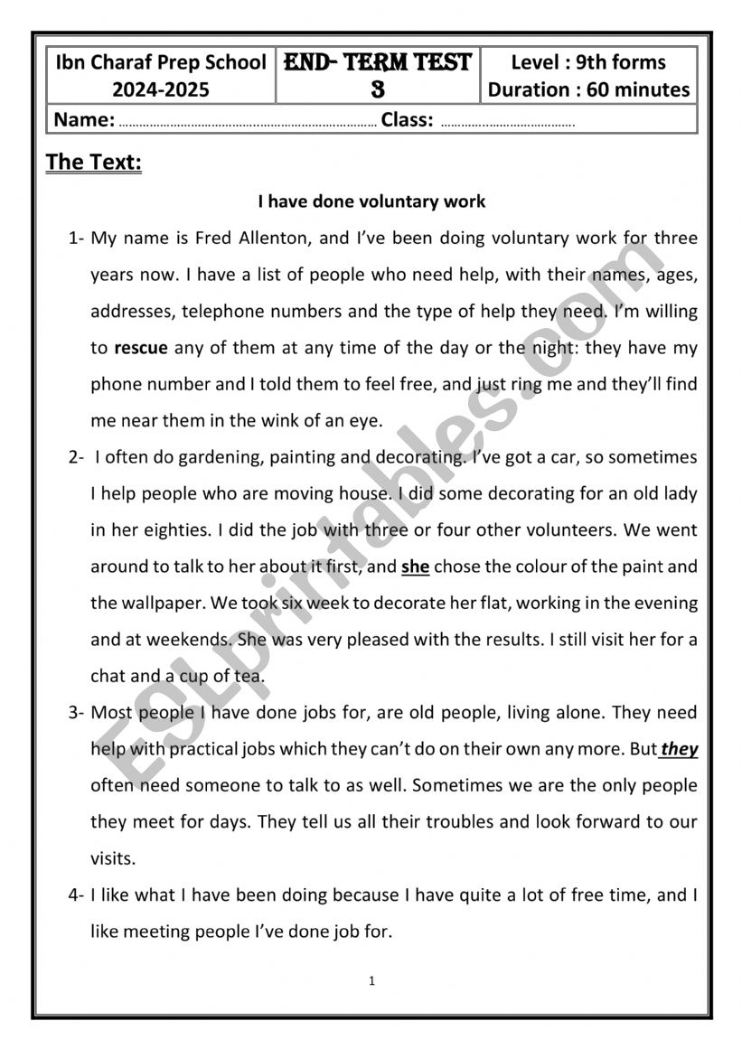 end term 9th forms test 3 worksheet