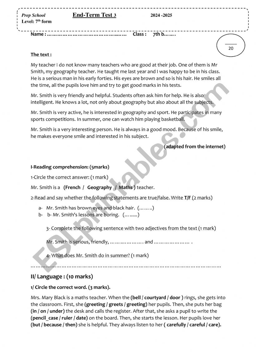 7th end term test 3 worksheet