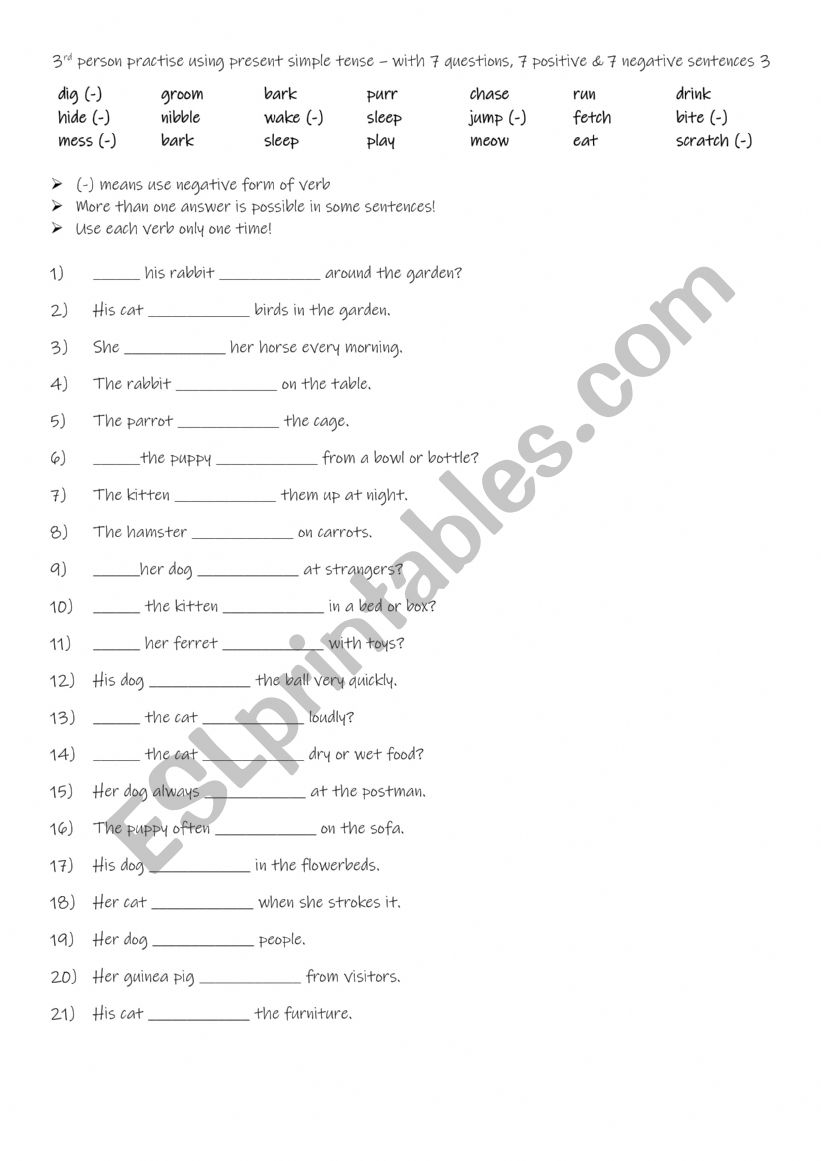 3rd person practise using present simple tense – with positive & negative sentences + questions 3 3rd person practise using present simple tense – with positive & negative sentences + questions 3