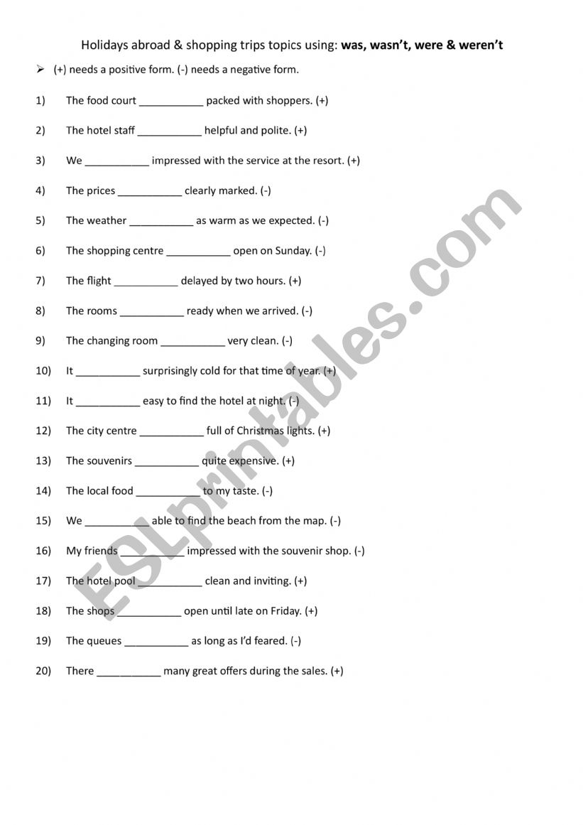 Holidays abroad & shopping trips  topics using was, wasnt, were & werent