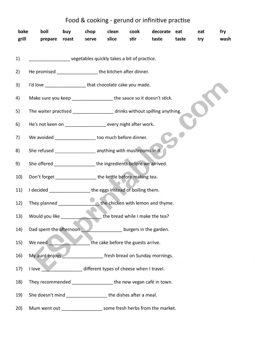 Food & cooking Gerund or infinitive practise