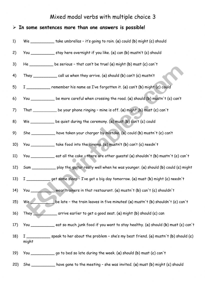 Mixed modal verbs with multiple choice 3