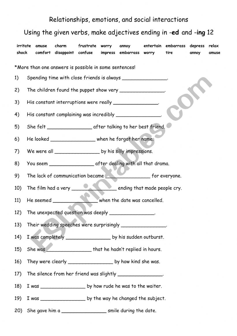 Relationships, emotions, and social interactions Using the given verbs, make adjectives ending in -ed and -ing