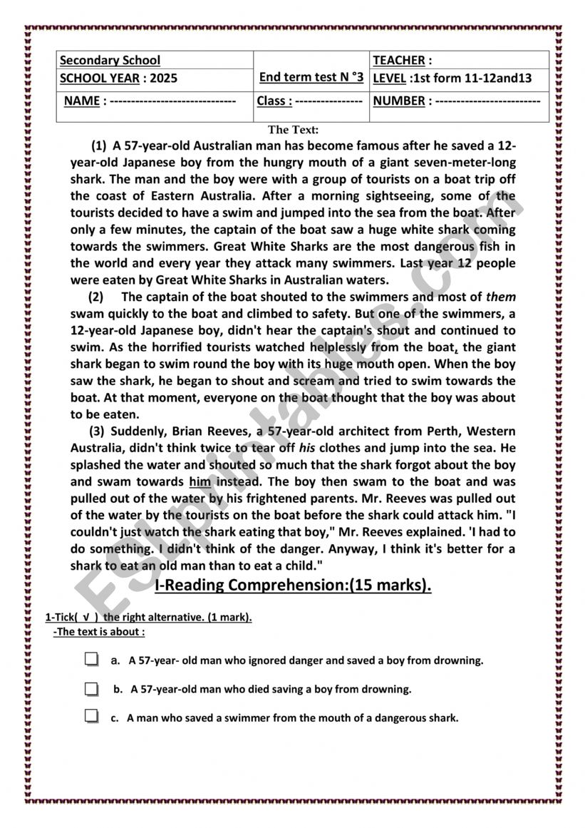 full term test 3 3rd form  worksheet
