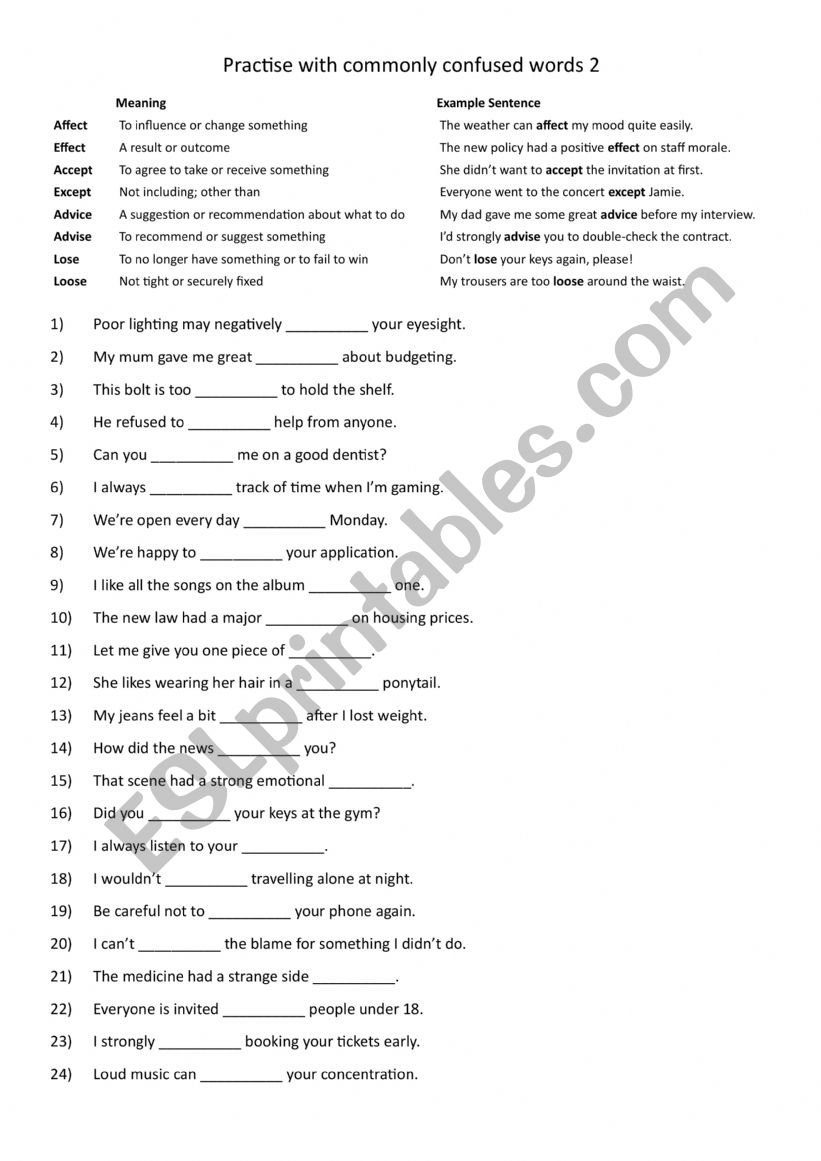 Commonly confused words: affect  effect accept  except advice  advise lose  loose 2