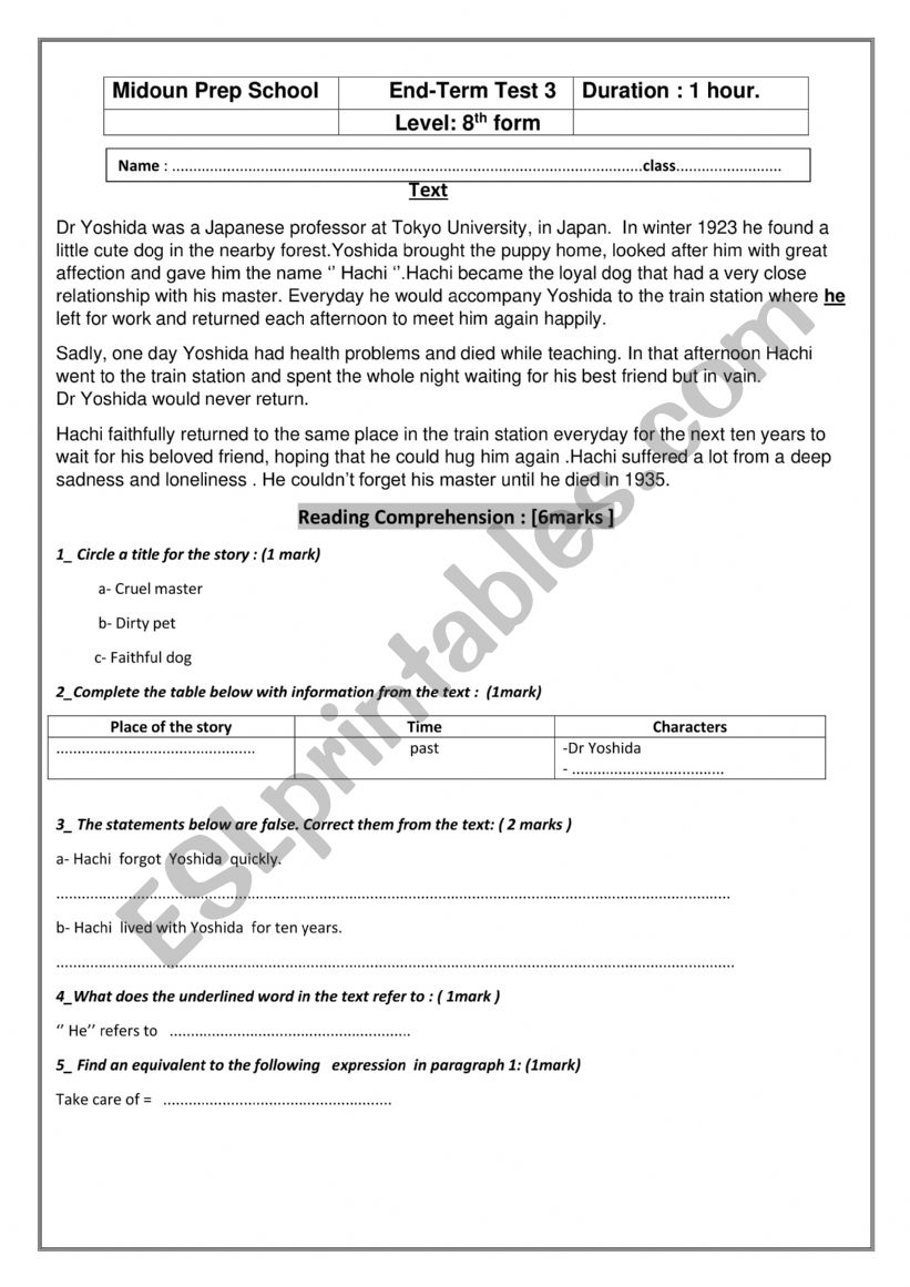 8th form third term test  worksheet