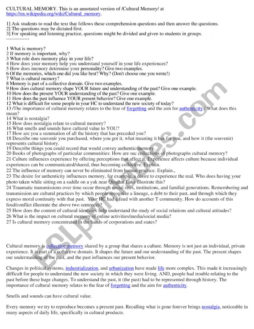 CULTURAL MEMORY - text + comprehension questions