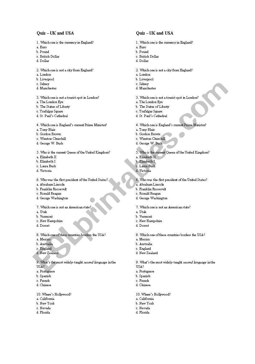 Uk- USA - quiz worksheet