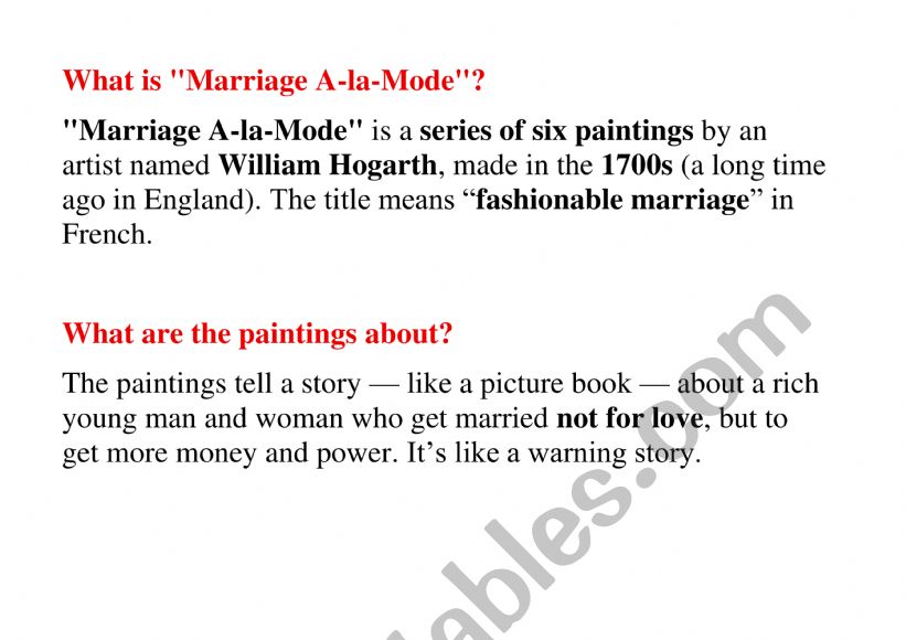 MARRIAGE A LA MODE worksheet