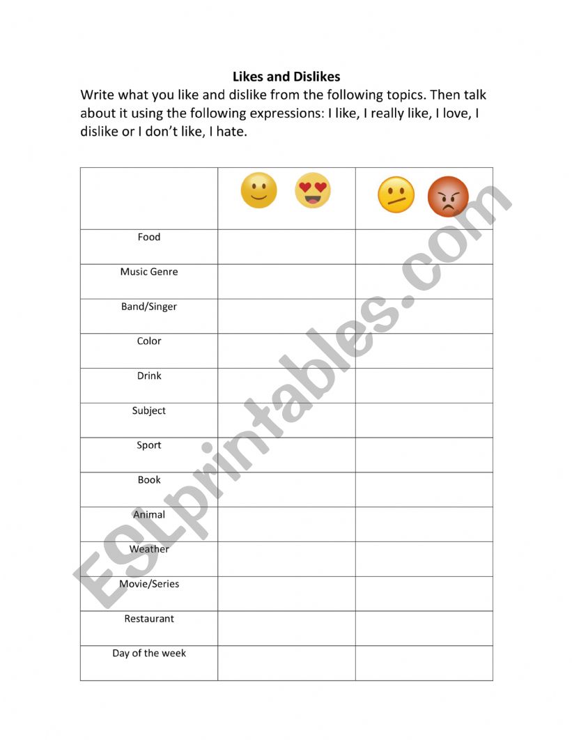 Likes and Dislikes worksheet