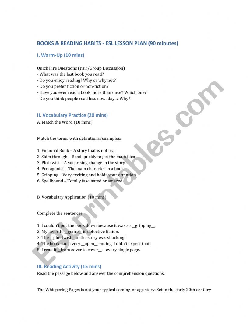 Book Lesson Plan worksheet