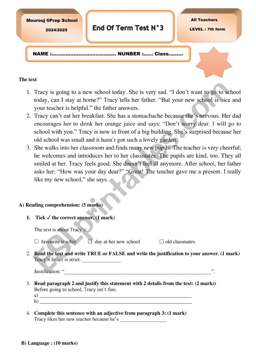 End of Term Test N3   for 7th Tunisian form