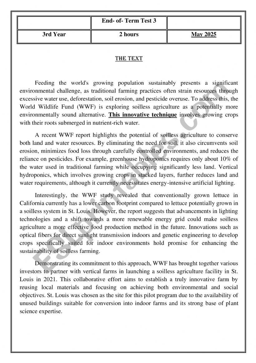 3rd Year ET 3 2025 worksheet