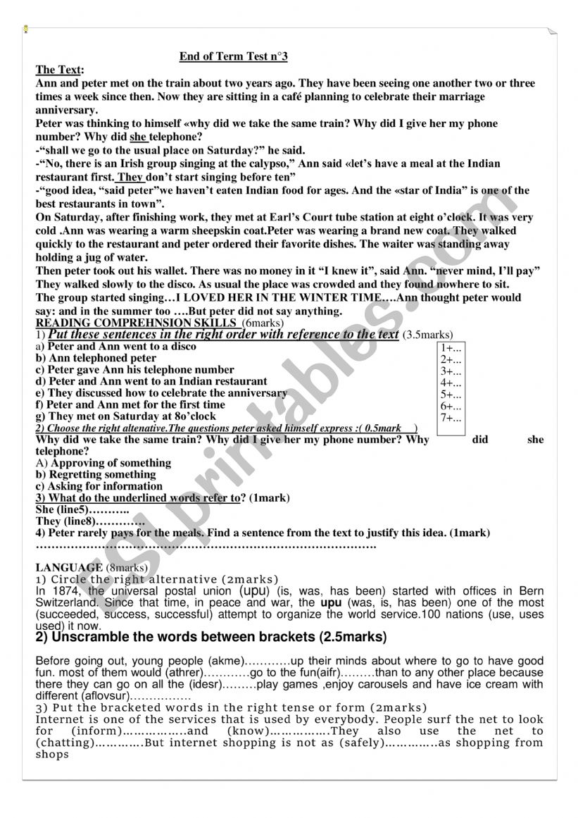 Final test for 9th graders worksheet