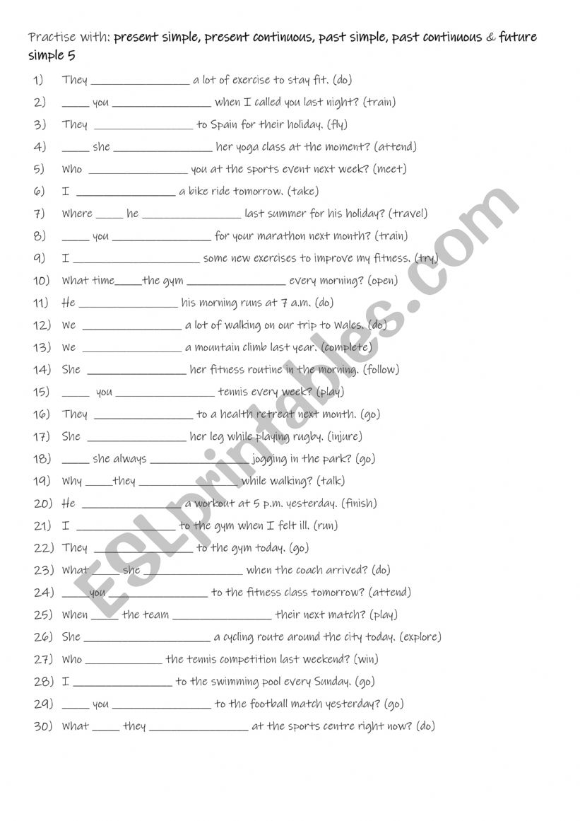 A1-A2 Practise with present simple, present continuous, past simple, past continuous & future simple  5