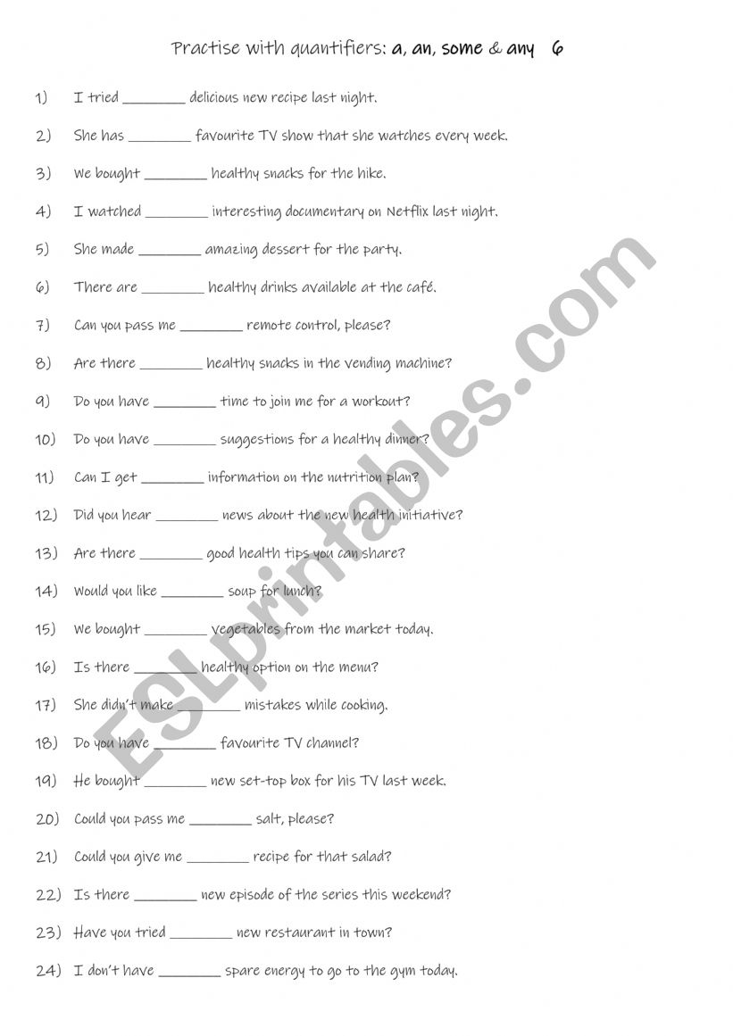 A1-A2 Practise with quantifiers a , an , some & any 6 A1-A2 Practise with quantifiers a , an , some & any 6