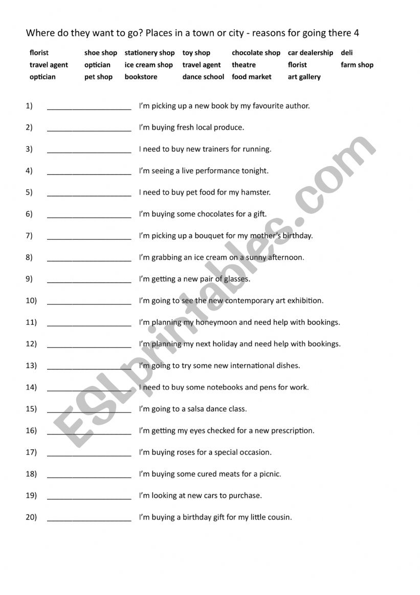 Where do they want to go. Places in a town or city - reasons for going there 4