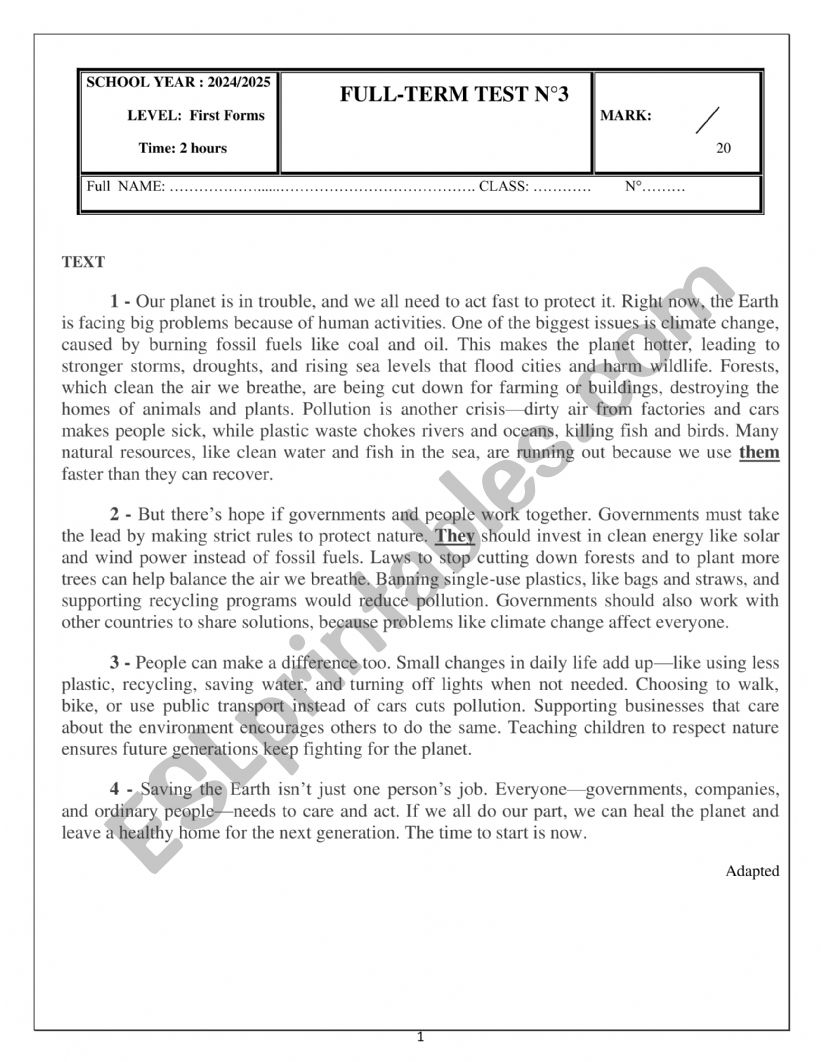 FULL-TERM TEST 3 FIRST SECONDARY