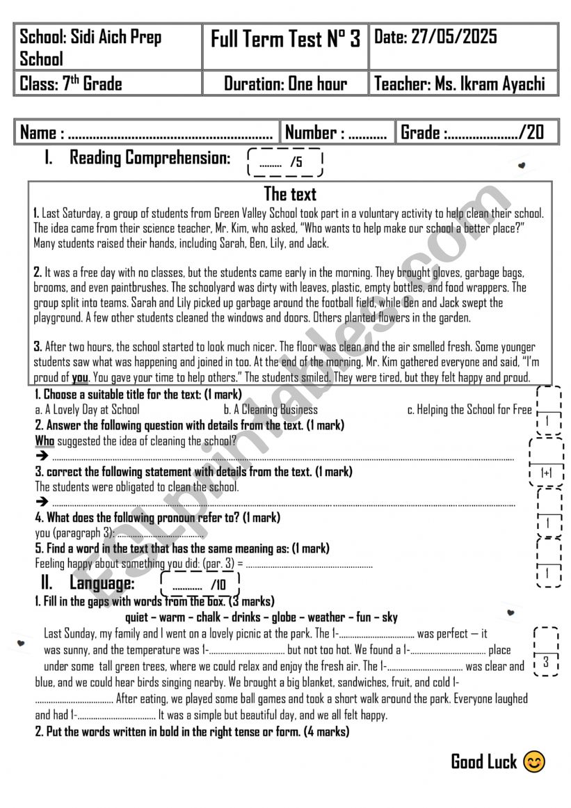 7th Grade - Full Term Test 3 worksheet