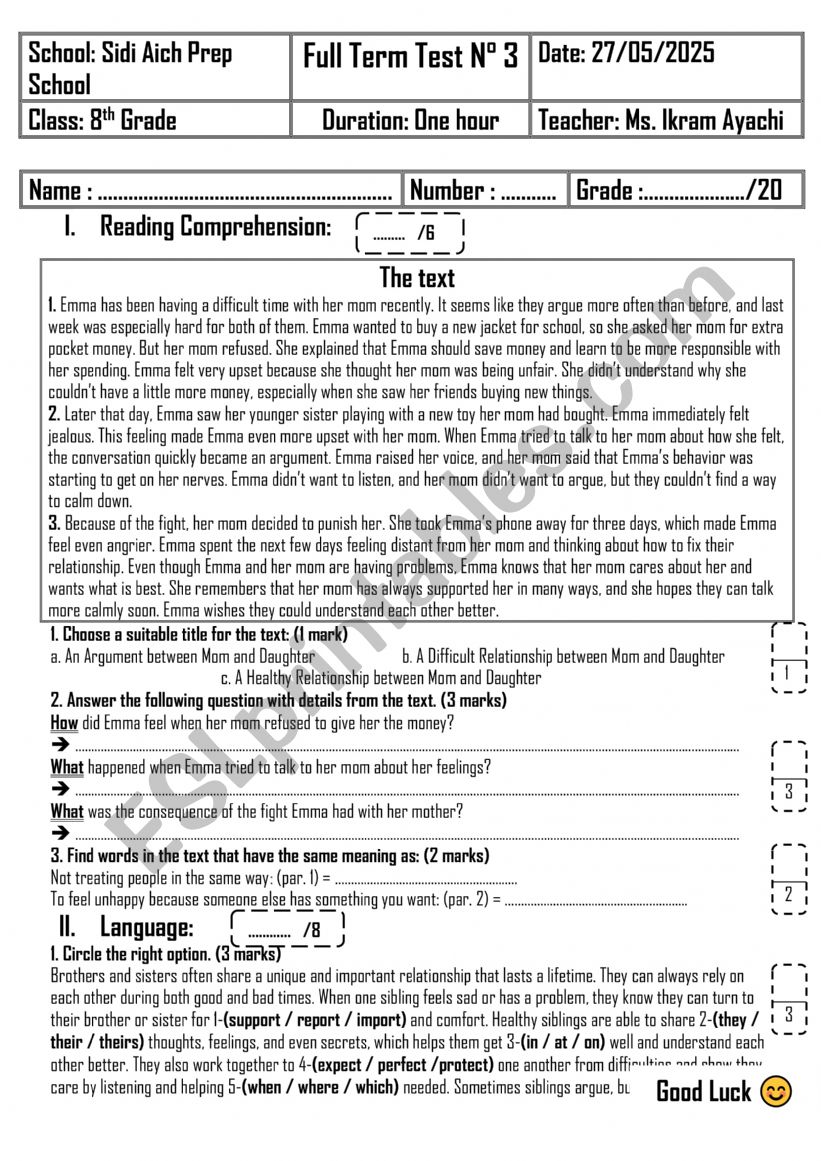 8th Grade - Full Term Test 3 worksheet