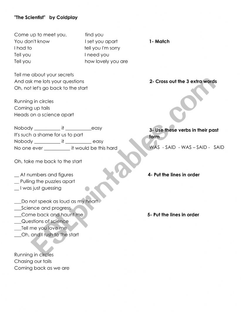 Song: The scientist worksheet