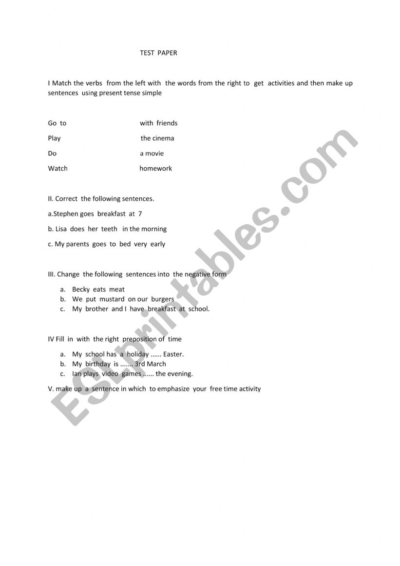 test paper worksheet