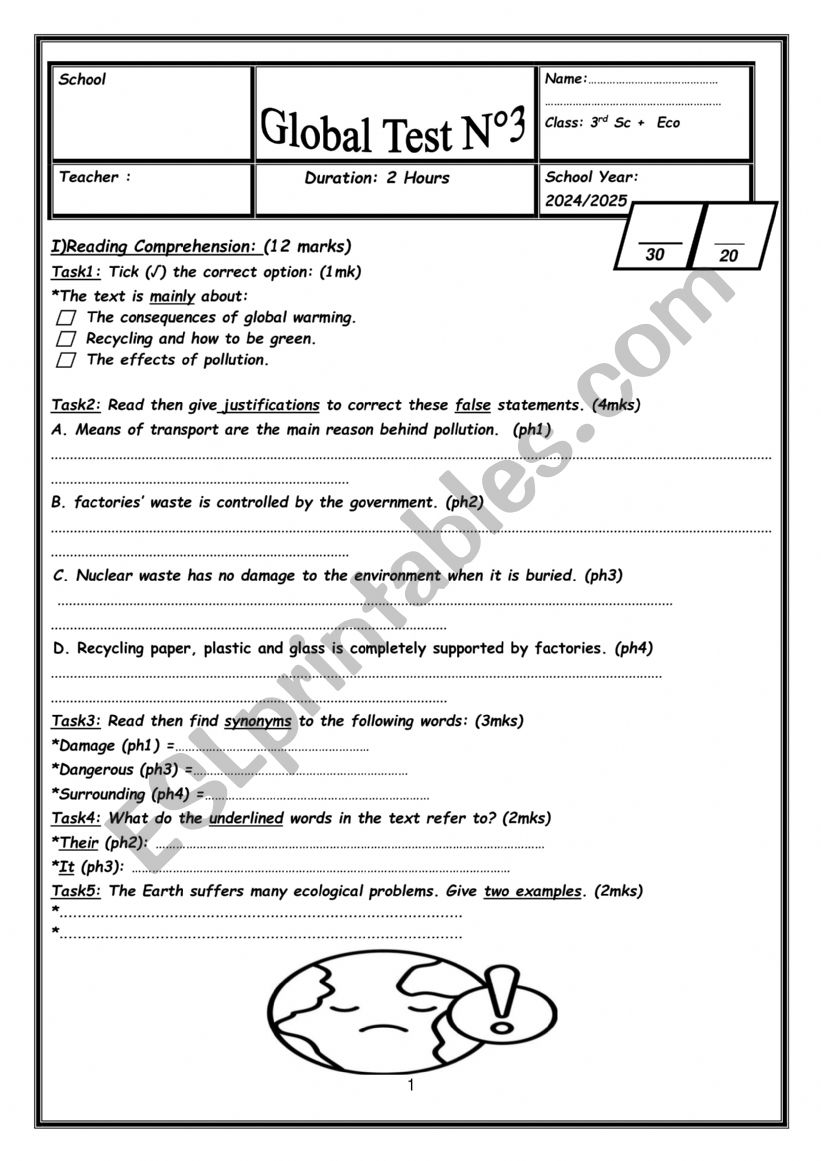 Global Test N 3 for 3rd Year worksheet