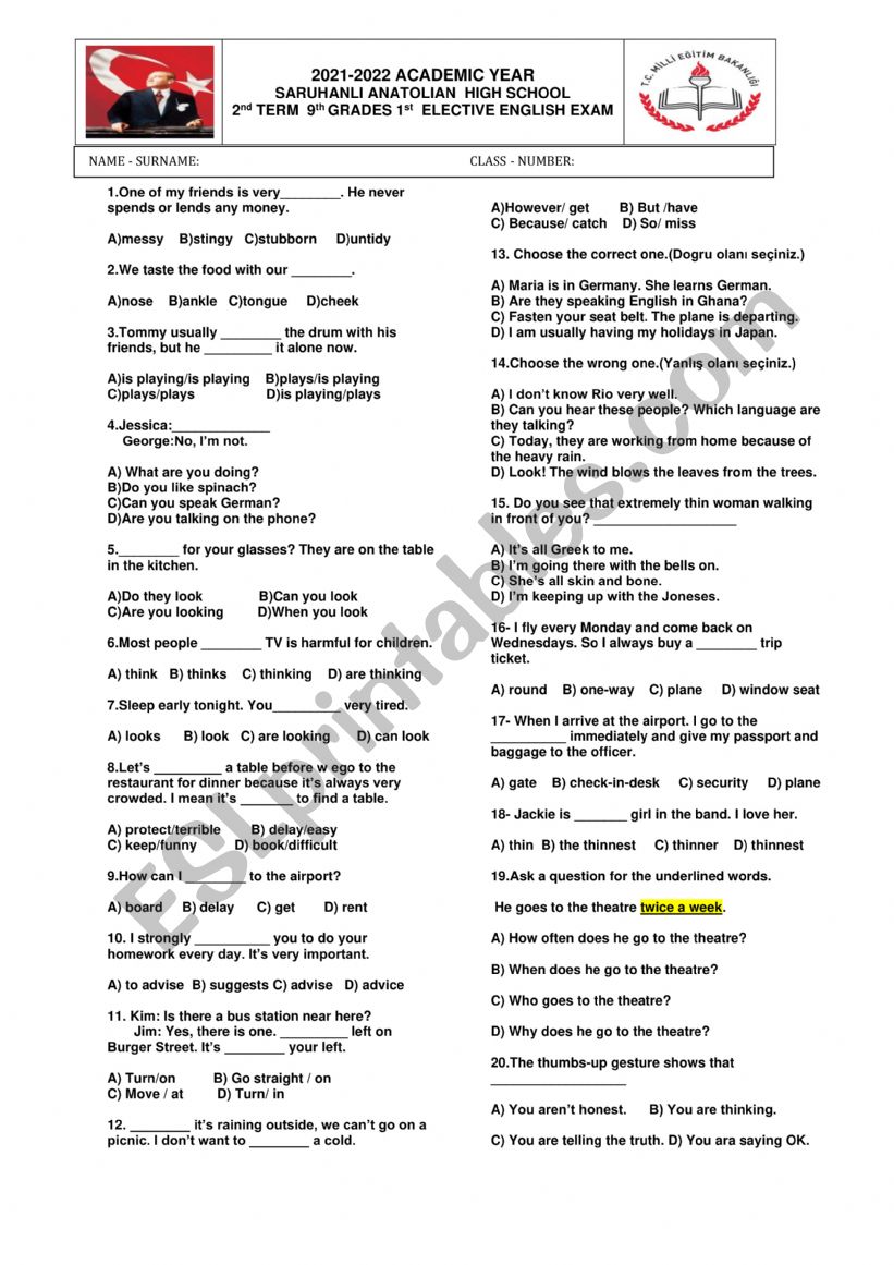 exam worksheet