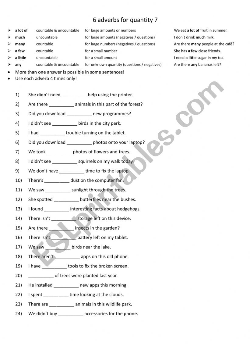 6 adverbs for quantity 7 worksheet