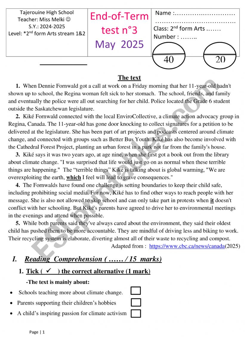 2nd form end term test 3 worksheet