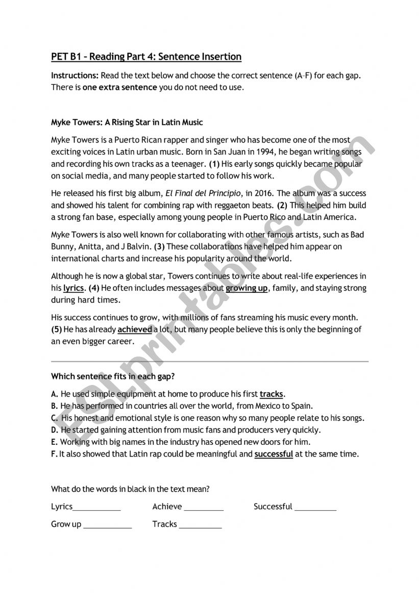 Myke Towers B1 PET reading worksheet
