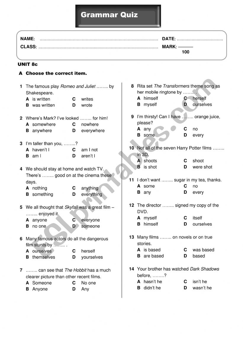 On screen 2 grammar 8 worksheet