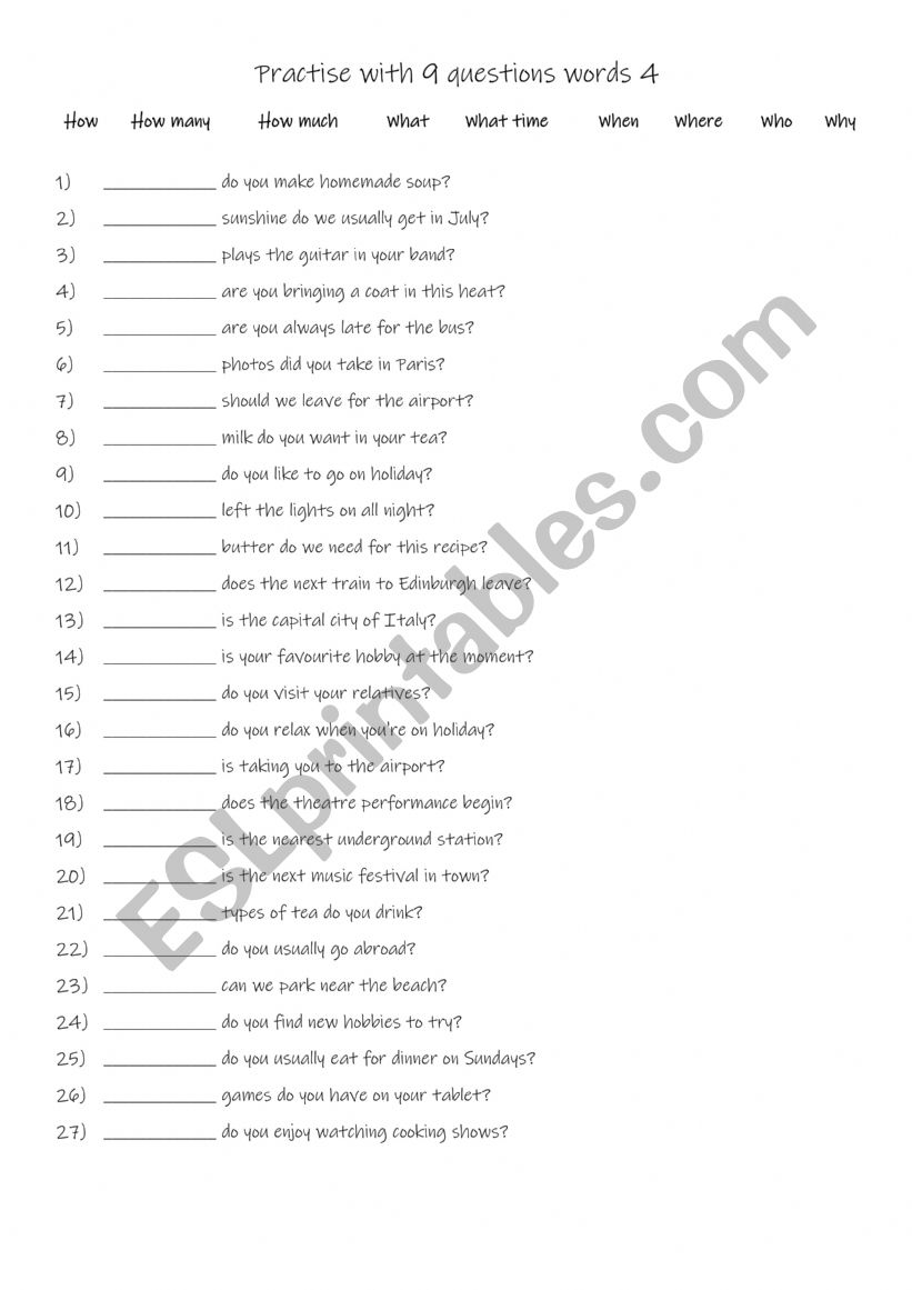 Practise with 9 questions words 4
