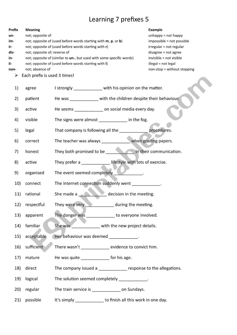 A2+-B1+ Learning 7 prefixes 5 worksheet