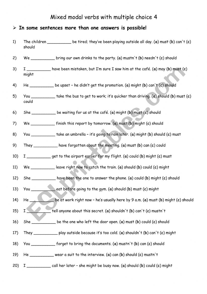 Mixed modal verbs with multiple choice 4