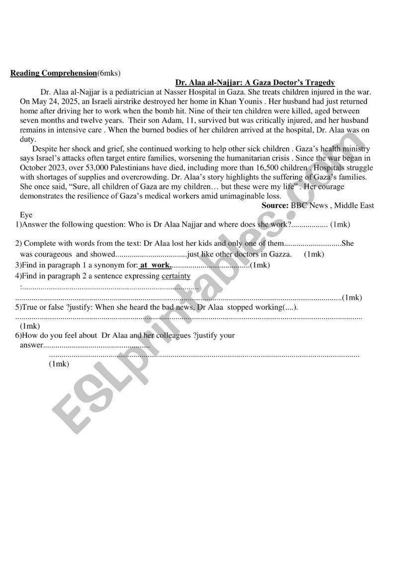 Reading Comrehension of end of term test 3 9th grade