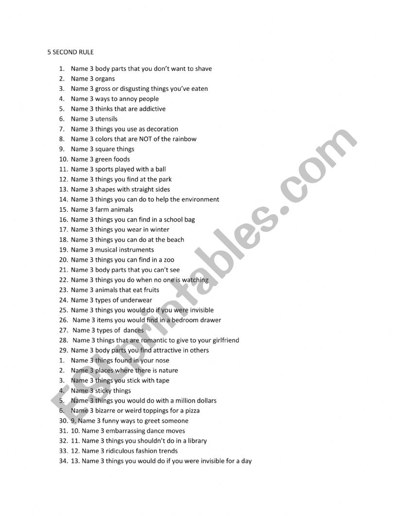5 second rule game worksheet