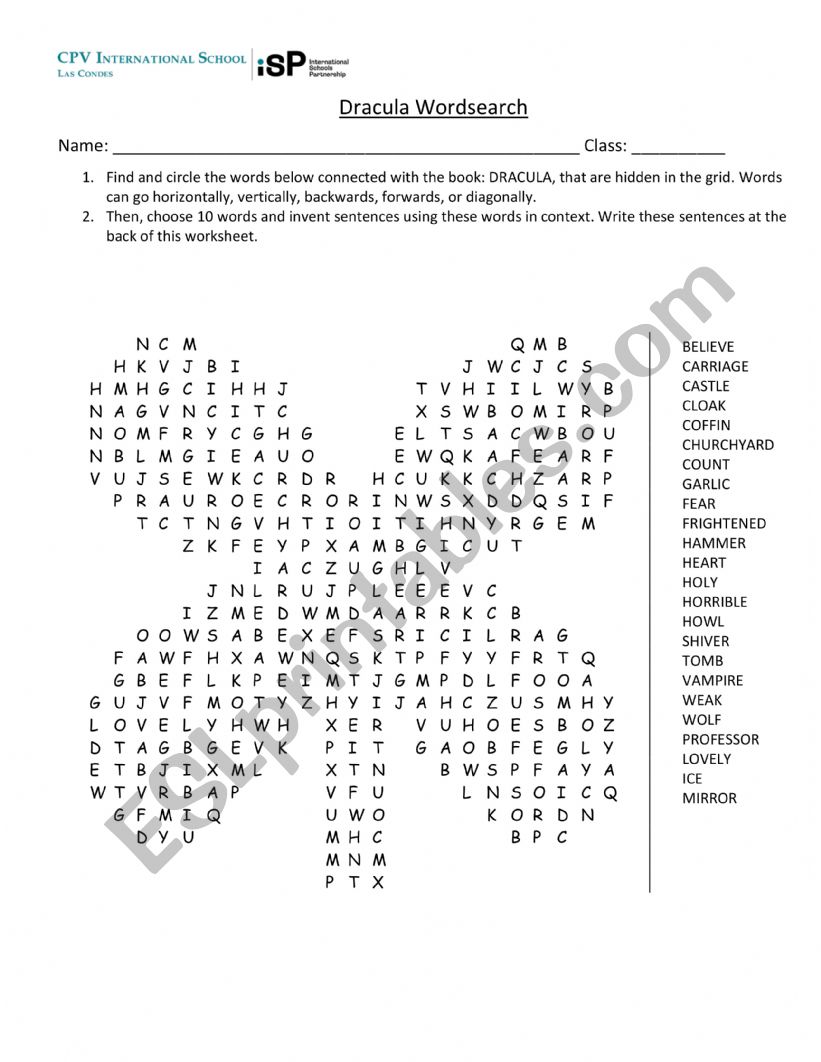 DRACULA wordsearch worksheet